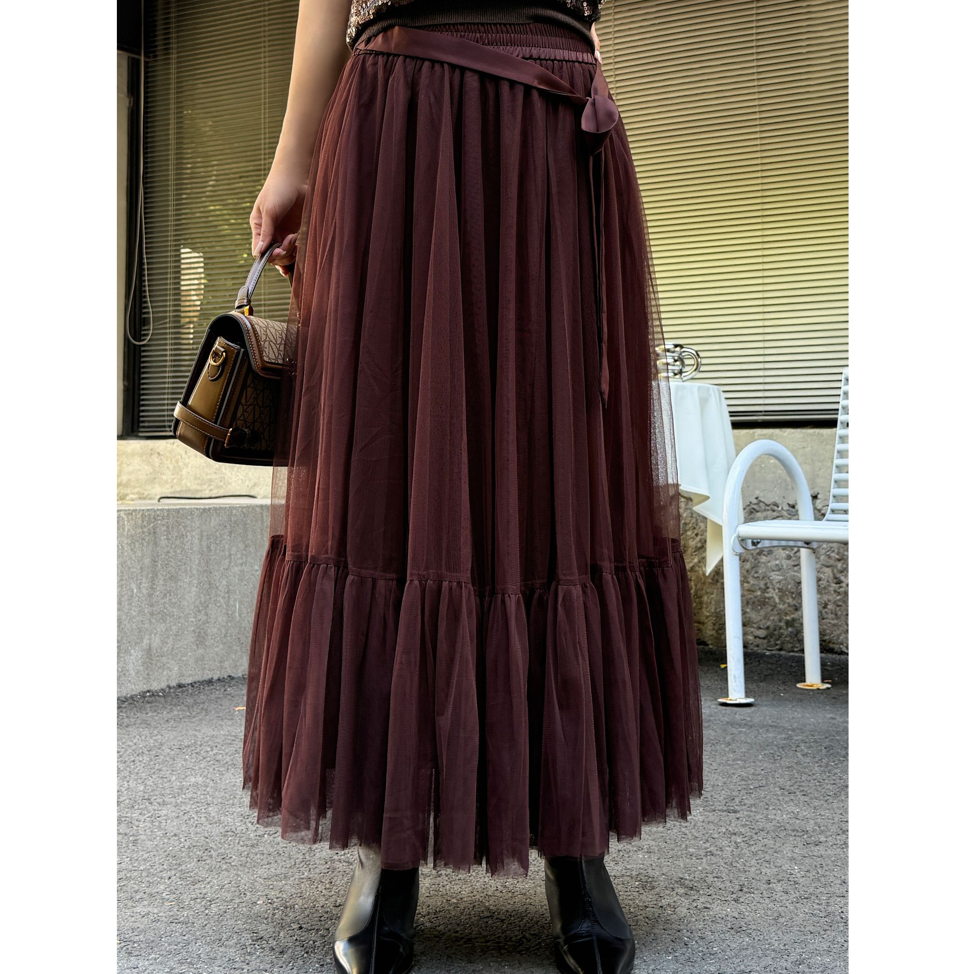 MUBINE 早秋新款仙女款高端洋气通勤褶皱网纱半身裙 25200