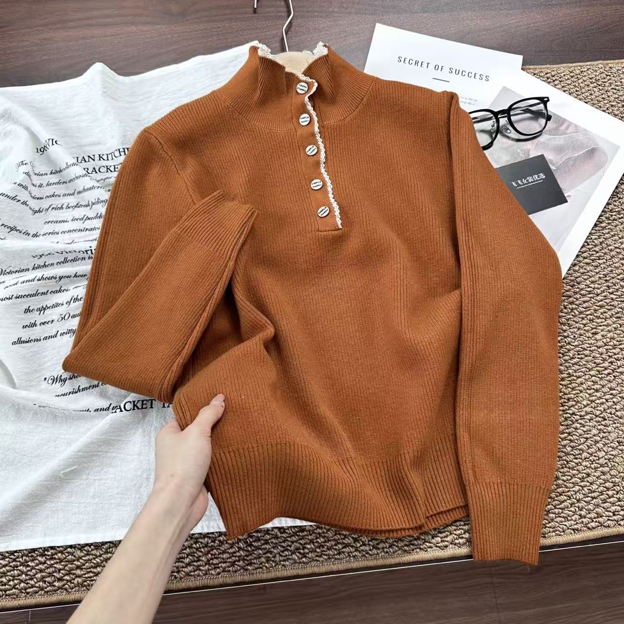 木耳边加绒一体绒！！品牌连锁订单~厚款 半开扣#针织衫Y8715