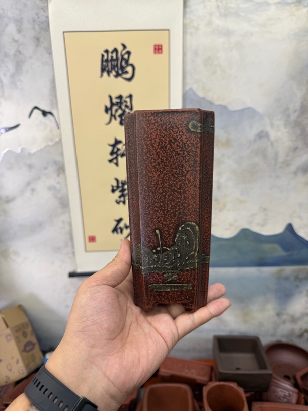 宜兴紫砂红泥仿古7.5x17.5cm内经泥绘抽角四方签筒悬崖春兰专用盆