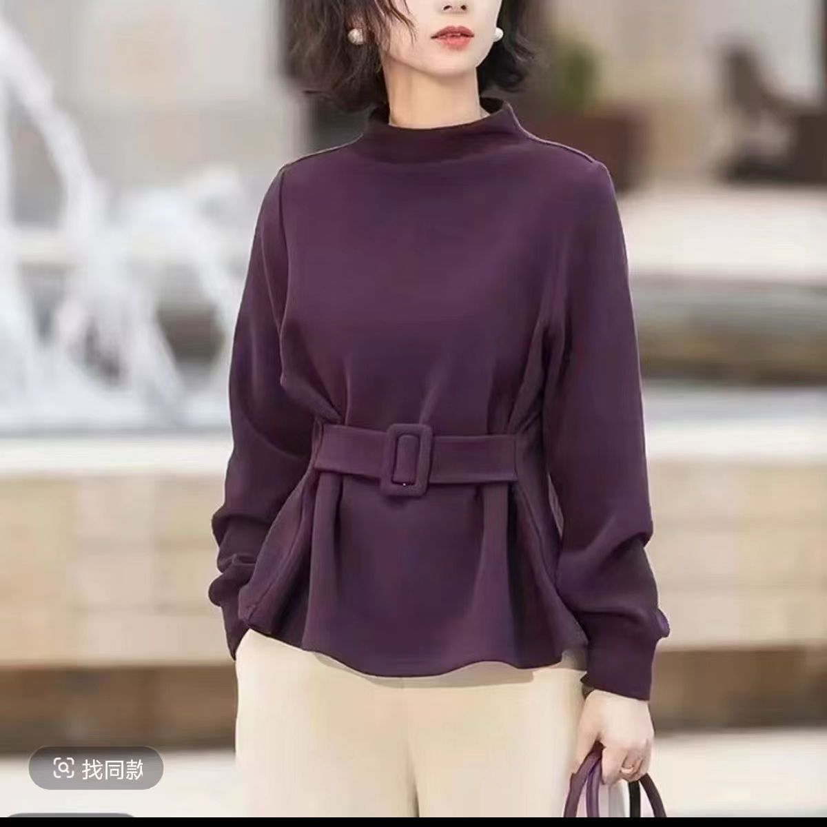 时尚长袖套头显瘦秋冬效新款腰带洋气上衣