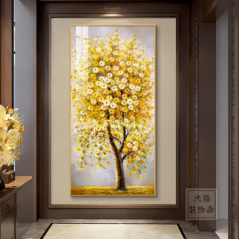 发财树入户门玄关装饰画过道尽头金色竖版挂画轻奢高级感吸金壁画