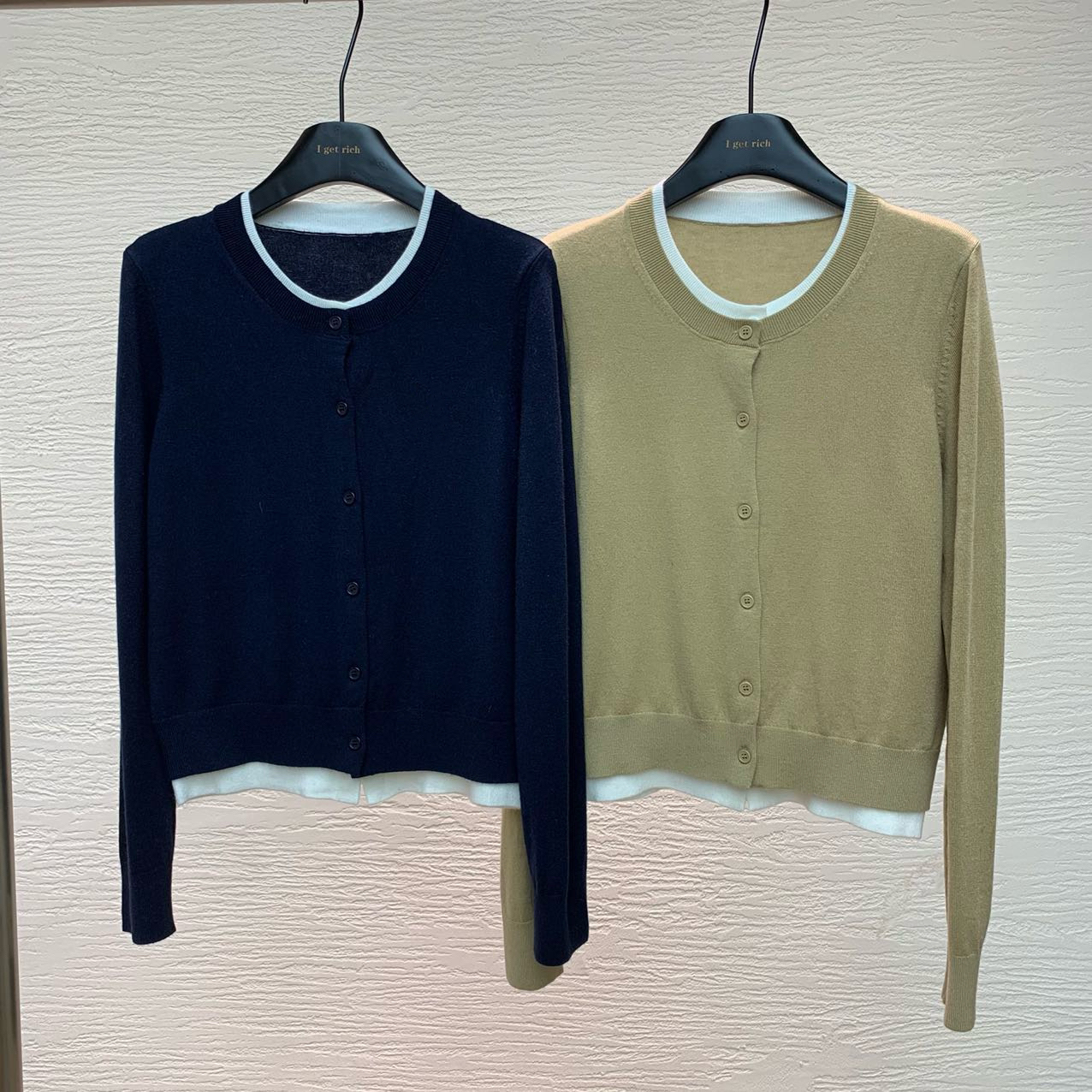 针织假两件款毛针织衫纯色女装开衫毛衣蓝色长袖女