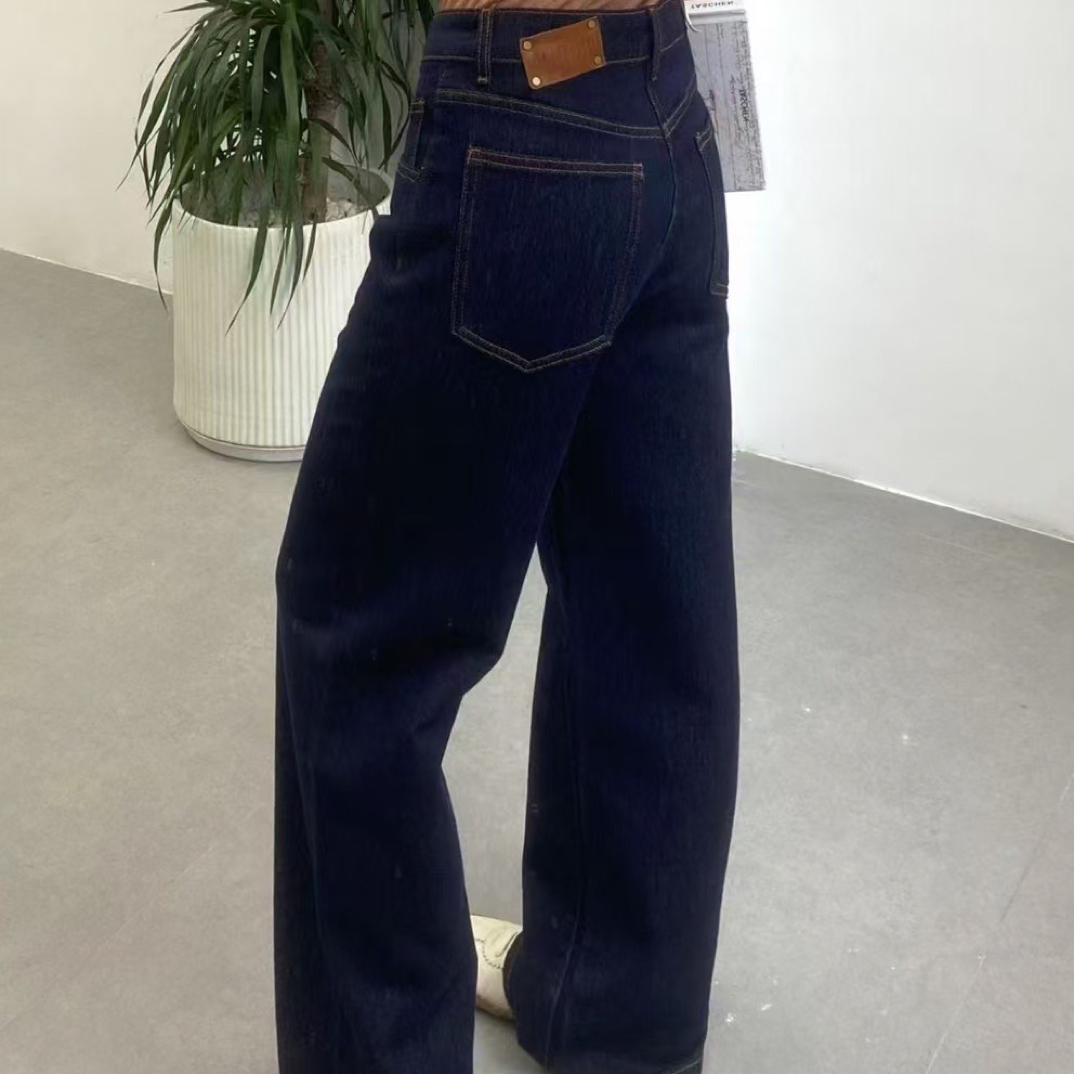 花匣子秋季新款8823737复古高腰显瘦深蓝色纸砂直筒牛仔裤女