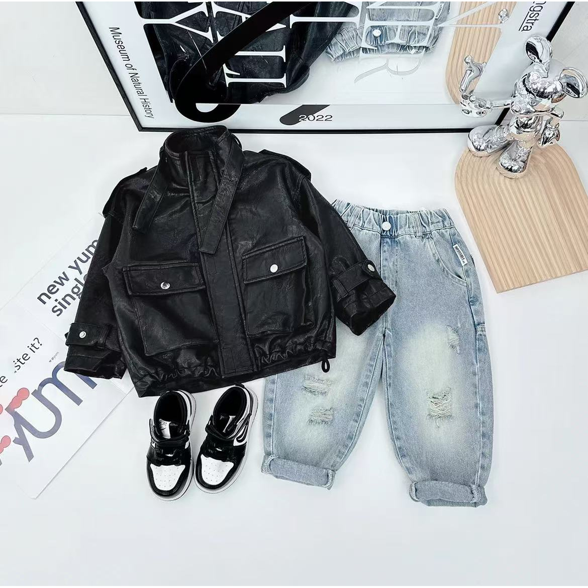 PY-6650 儿童春秋时尚百搭黑色休闲短款洋气韩版帅气皮衣外套