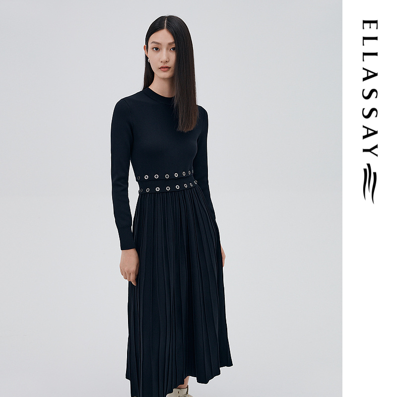ELLASSAY/歌力思新款雅丹风长袖修身针织百褶连衣裙EWB334M01200