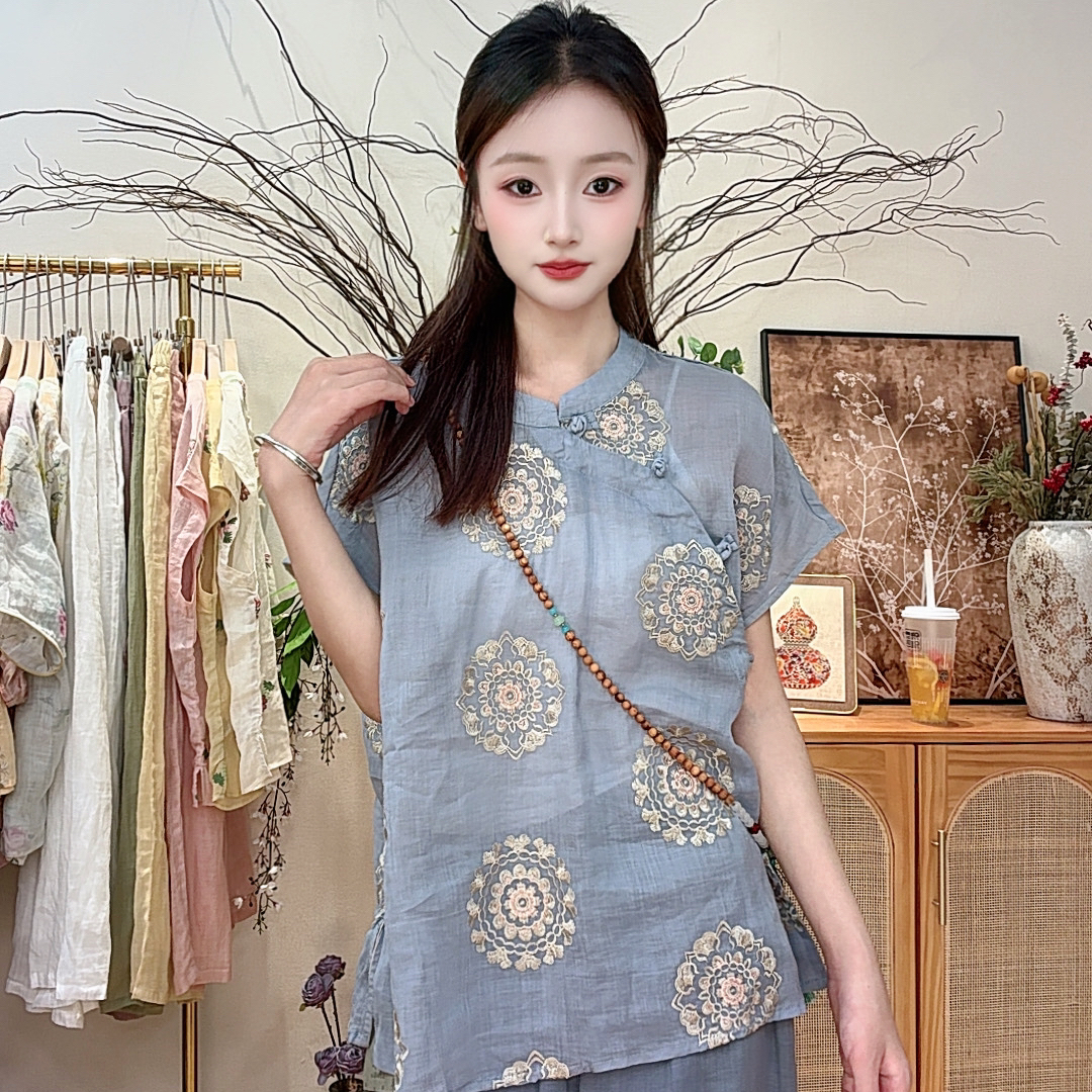 复古国风苎麻立体重工刺绣立领斜襟盘扣衬衫女新中式禅意茶服夏季