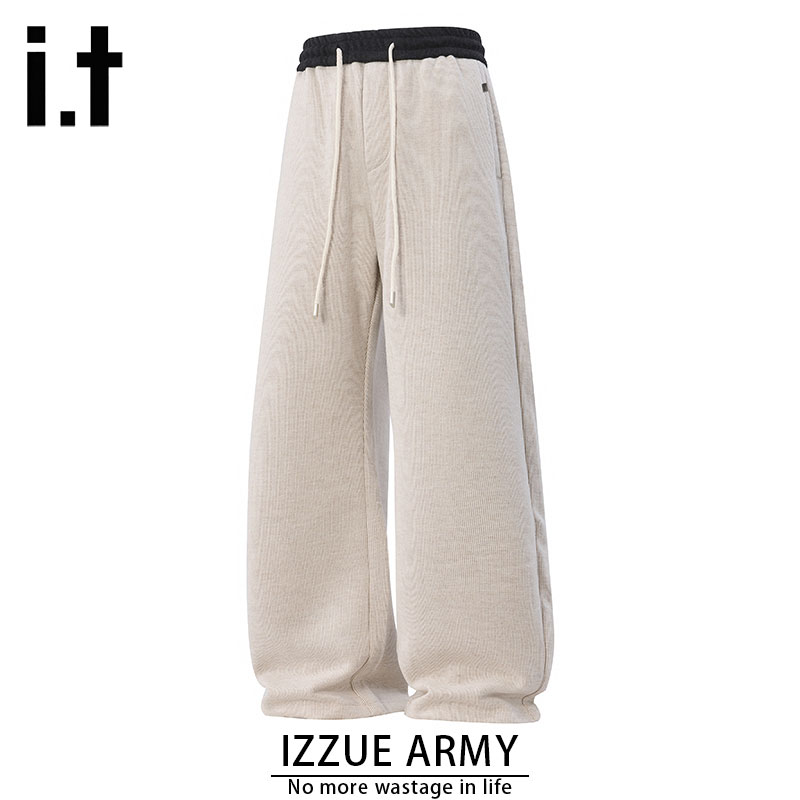 izzue正品秋冬绵羊毛直筒美式休闲裤宽松潮流撞色抽绳复古长裤男