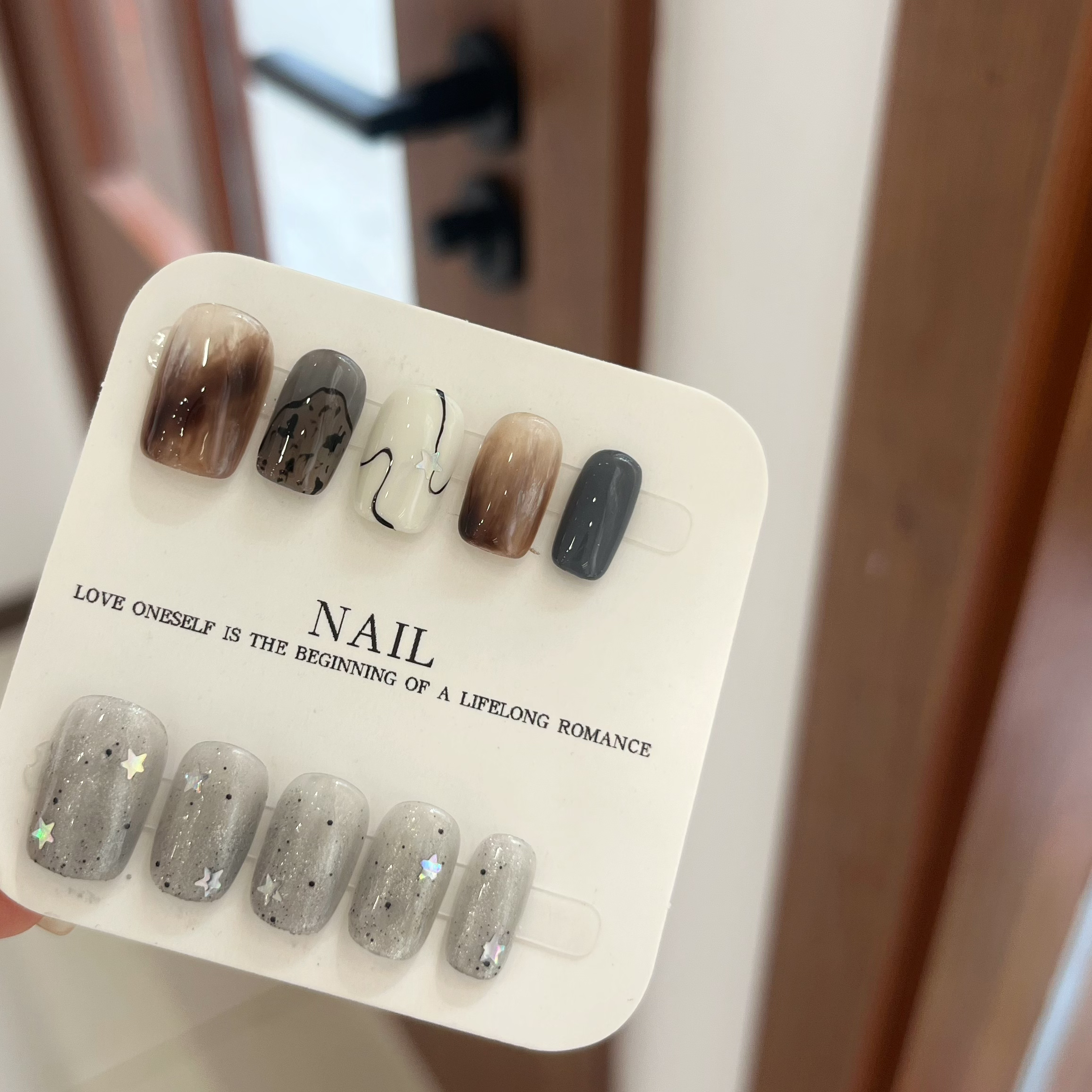 AB银河款 纯手工穿戴甲小众特别银色手绘亮片