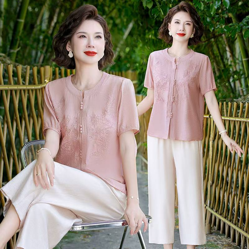 2025新款夏季薄款妈妈装衬衫短袖圆领女装套装
