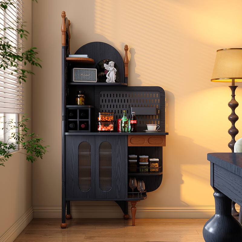 同言实木餐边柜法式复古客厅咖啡柜黑色中古风靠墙储物柜高柜