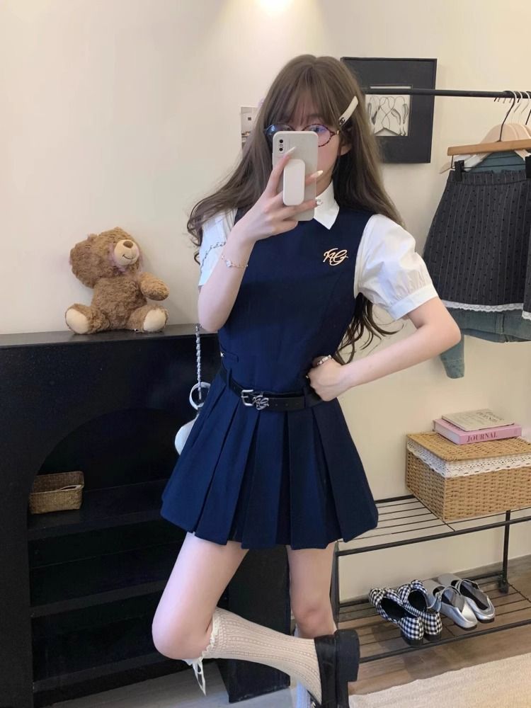 韩系甜美学院风连衣裙两件套女减龄洋气收腰无袖a字百褶短裙夏装