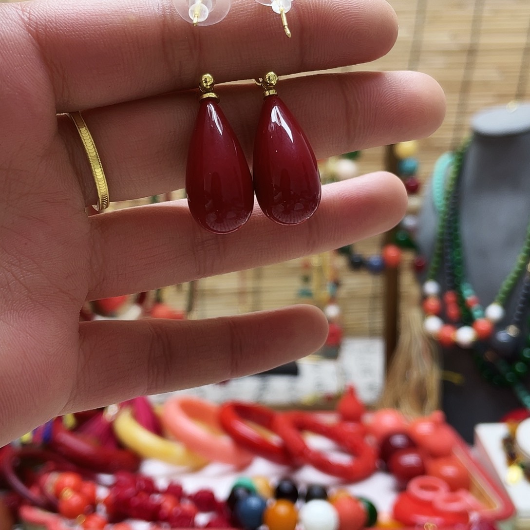 大理石磁石阿卡正红耳钉