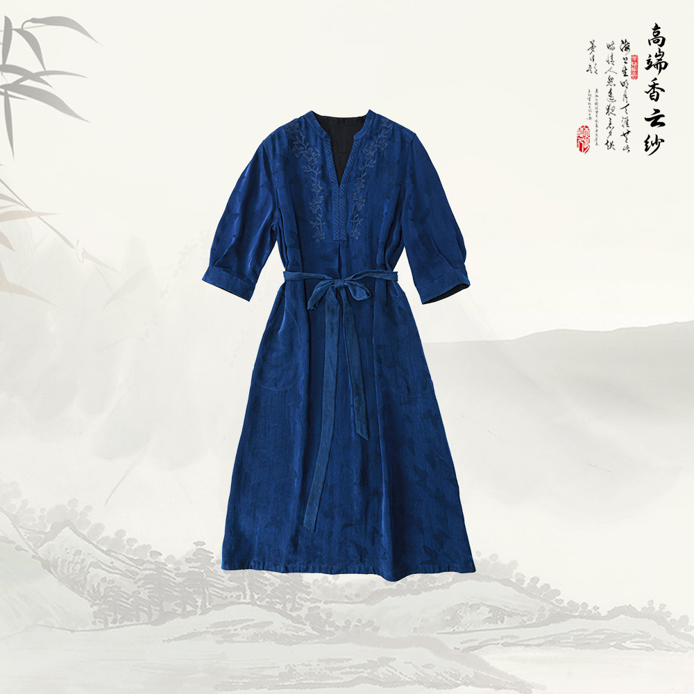 【非遗好物】新款香云纱宽松显瘦气质优雅V领中袖连衣裙529407