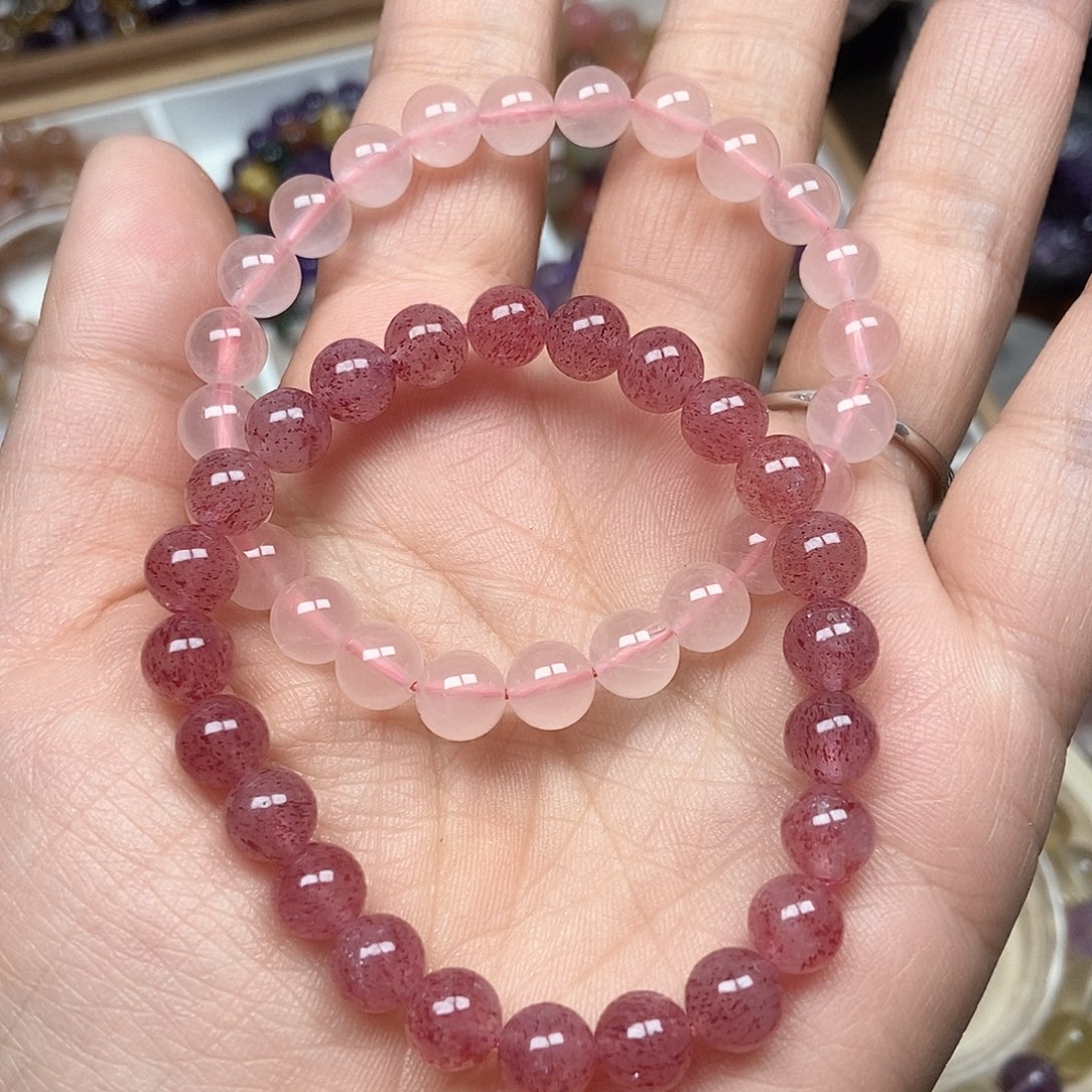 烟晶手链银S925镶嵌水晶手串，草莓手串，粉晶手串