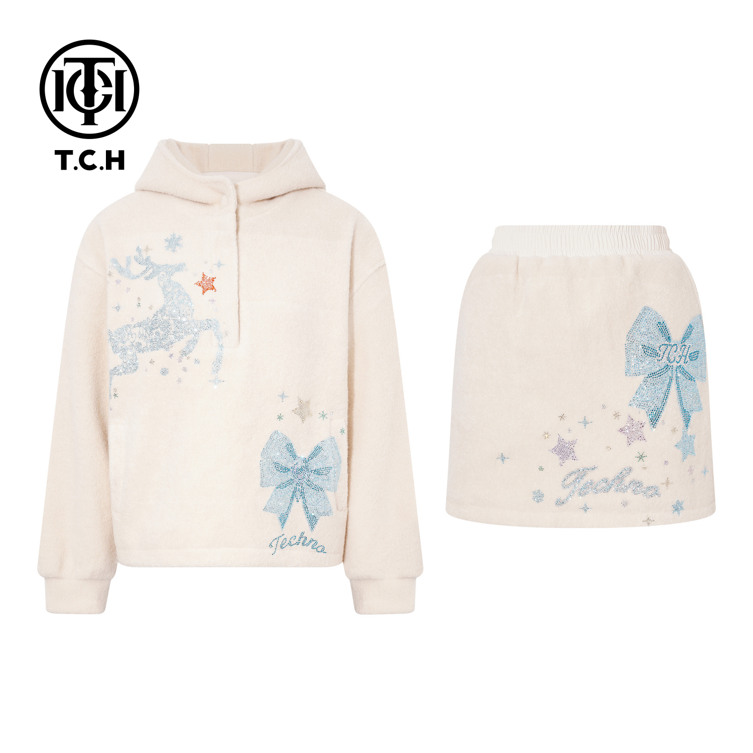 TCH【时尚百搭】冬款时尚烫钻米色休闲风女装套装T75D07E1097