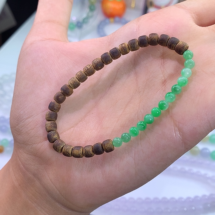 翡翠未镶嵌手链冰飘阳绿花圆珠