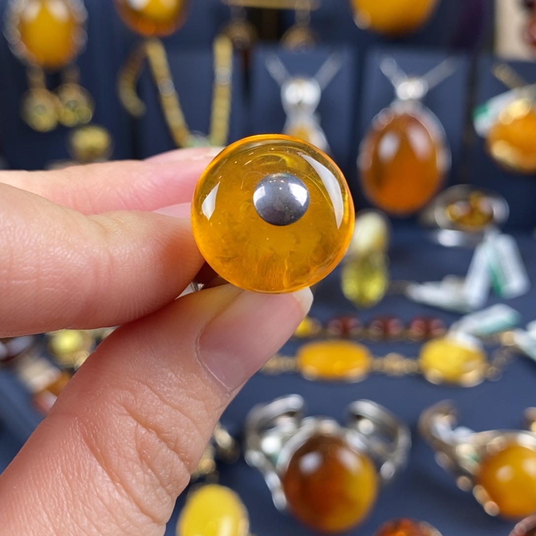 琥珀戒指银S925镀金镶嵌