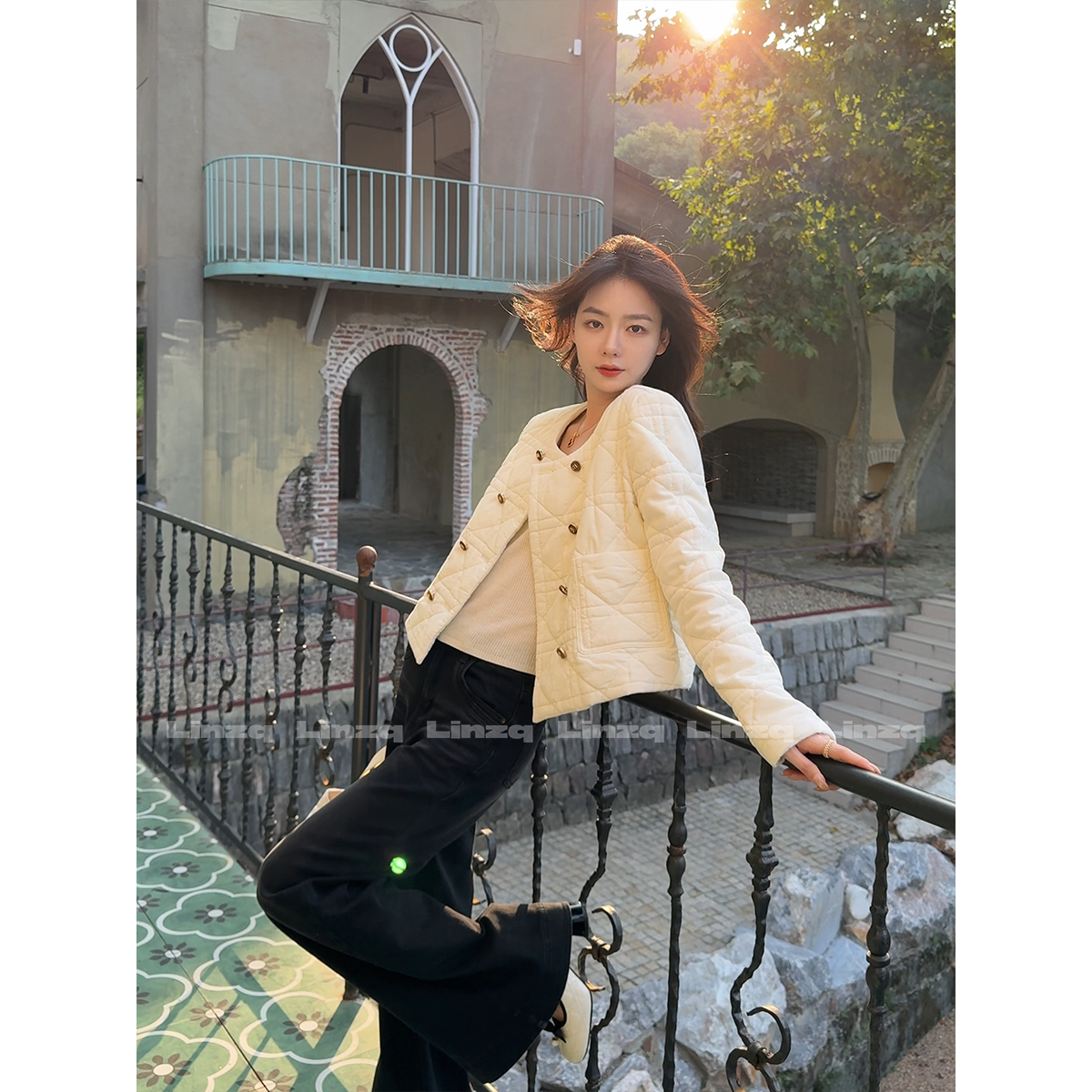 现货  林子秋 【泡芙小姐】白色灯芯绒绗棉外套