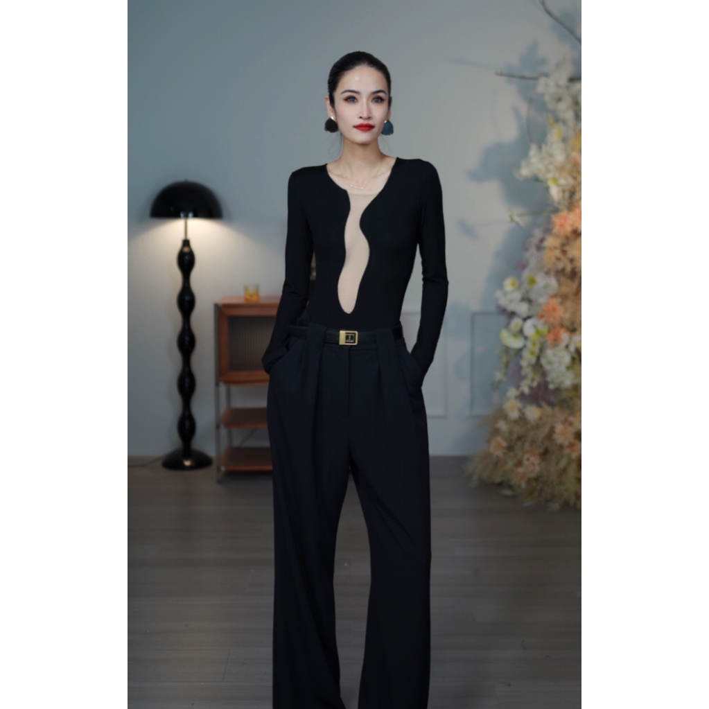 CHENG.程2店 镂空连体衣修身长袖小众设计感上衣网纱拼接辣妹T恤