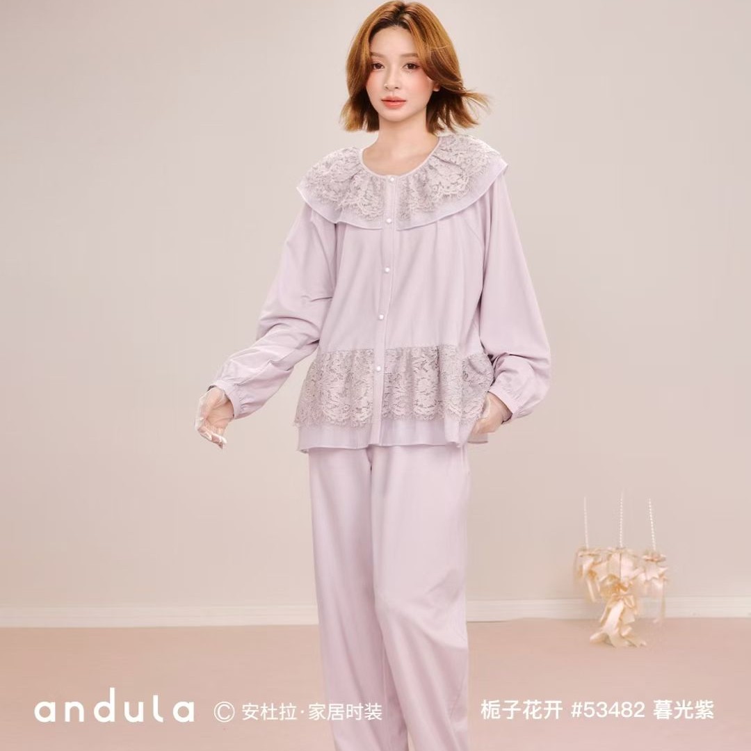 女士长袖紫色甜美秋季休闲睡衣套装