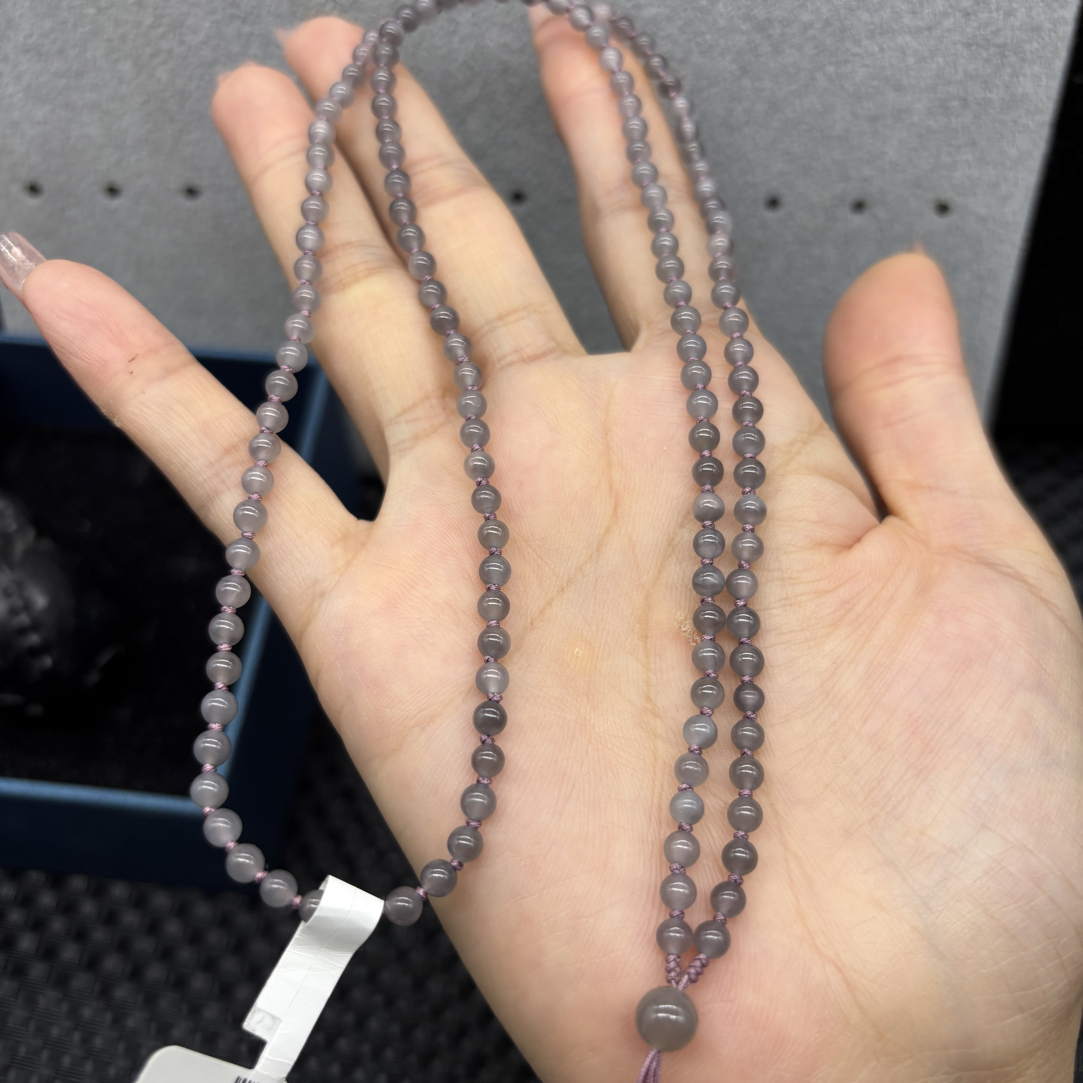 精美天然和田玉烟紫圆珠3.6mm玉石挂坠绳项链长链毛衣链时尚百搭
