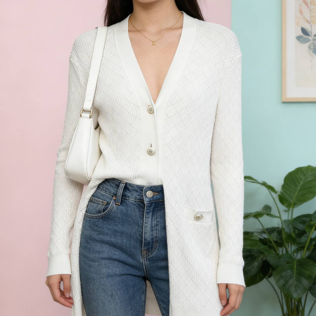 99新 Chanel/香奈儿 D500762/纯色格纹V领单排扣针织衫/尺码36
