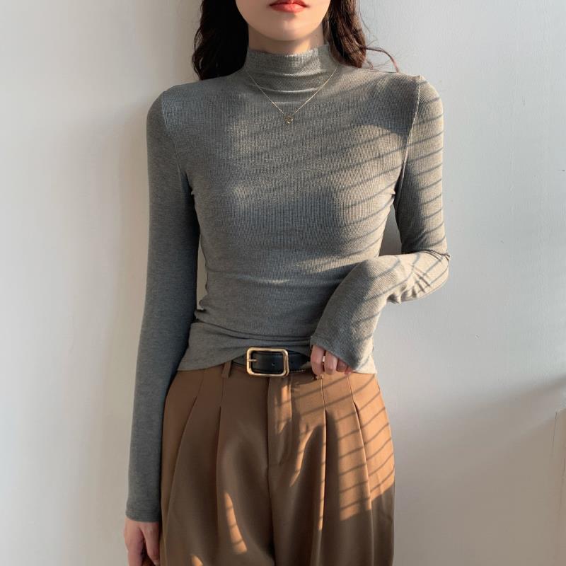 VOCKOO灰色长袖半高领打底衫女内搭秋冬2025新款中领可外穿针织修