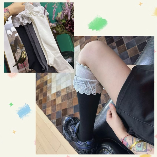 小腿堆堆袜子女秋冬季拼色蕾丝花边小腿袜JK洛丽塔泡泡口长筒袜子