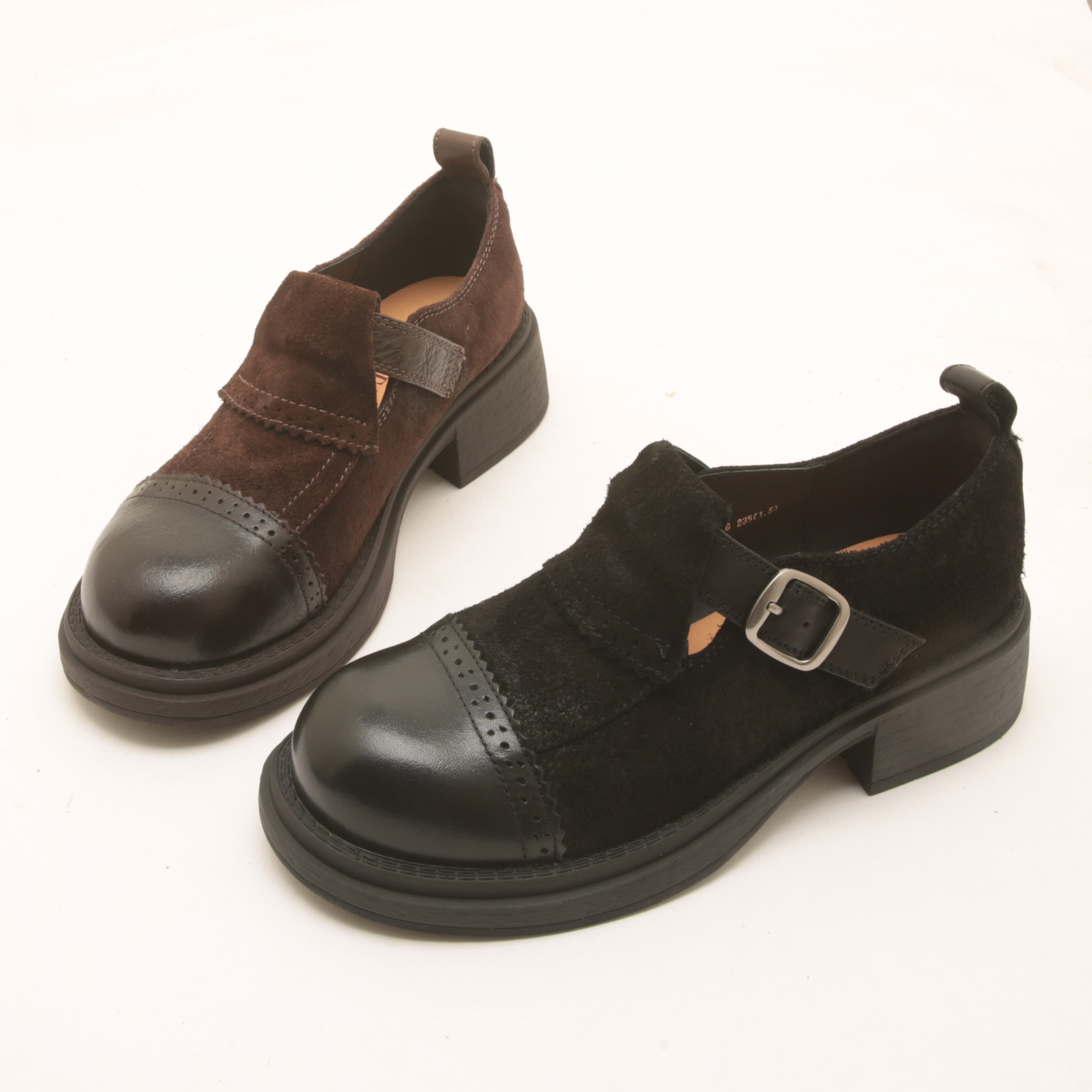 7584秋季新款圆头真皮厚底粗跟乐福鞋女赫本风单鞋百搭英伦小皮鞋