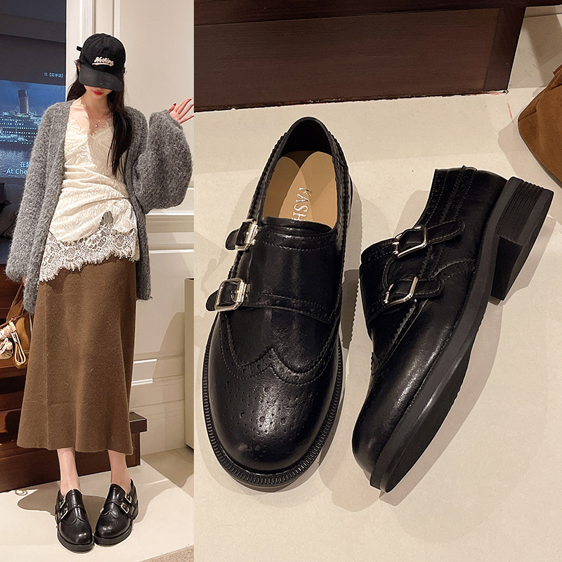 厚底雕花布洛克鞋女复古英伦乐福鞋黑色增高小皮鞋皮带扣粗跟单鞋