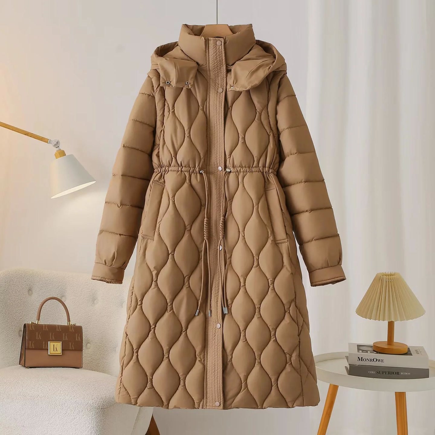 星玥大码女装2025冬装胖mm长款抽绳棉衣袖子可拆卸收腰连帽女棉服