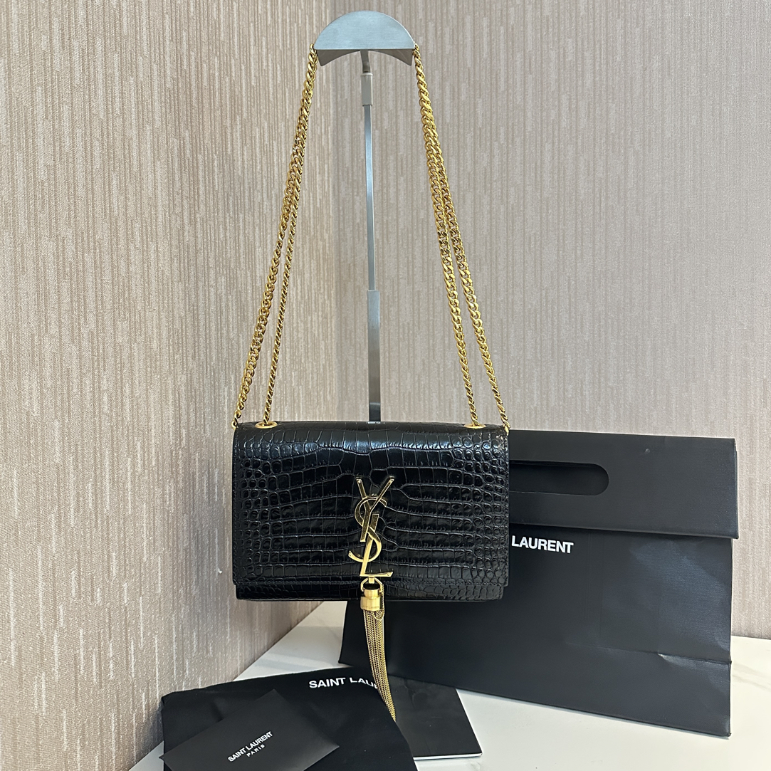 99新 YSL/圣罗兰 一桃/圣罗兰 鳄压纹小号流苏Kate 单肩斜挎