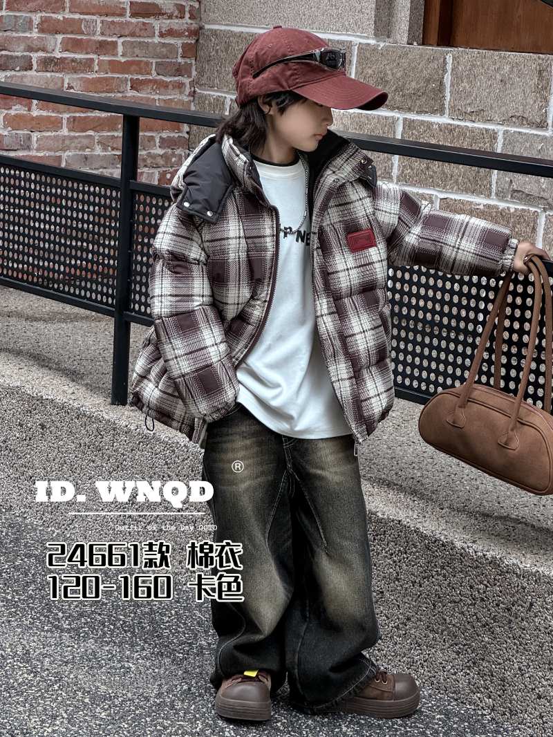 秋冬新款连帽儿童休闲时尚棉衣格子外套