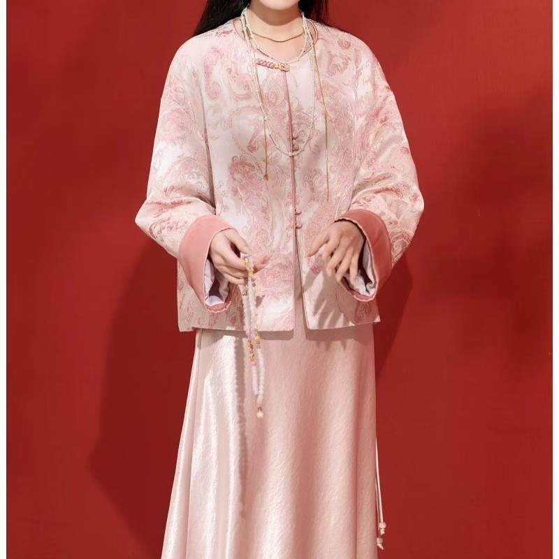 2025新中式外套女秋季新款肌理印花高级感粉色盘扣国风上衣A244