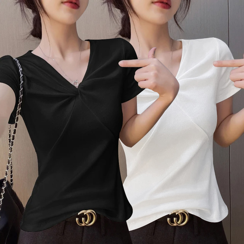 白色v领正肩扭结短袖t恤女2025夏季新款修身显瘦洋气不规则上衣女