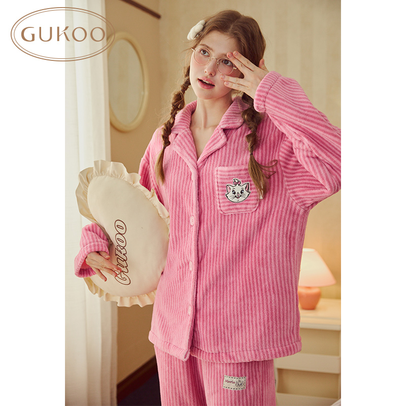 Gukoo/果壳玛丽猫联名睡衣女士加绒粉色条纹舒适亲肤家居服套装
