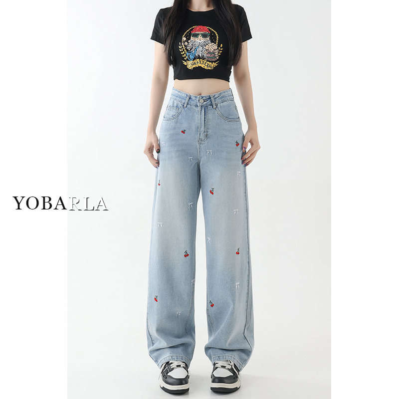 浅色刺绣阔腿牛仔裤女秋季新款大码胖mm宽松显瘦梨形身材直筒裤子