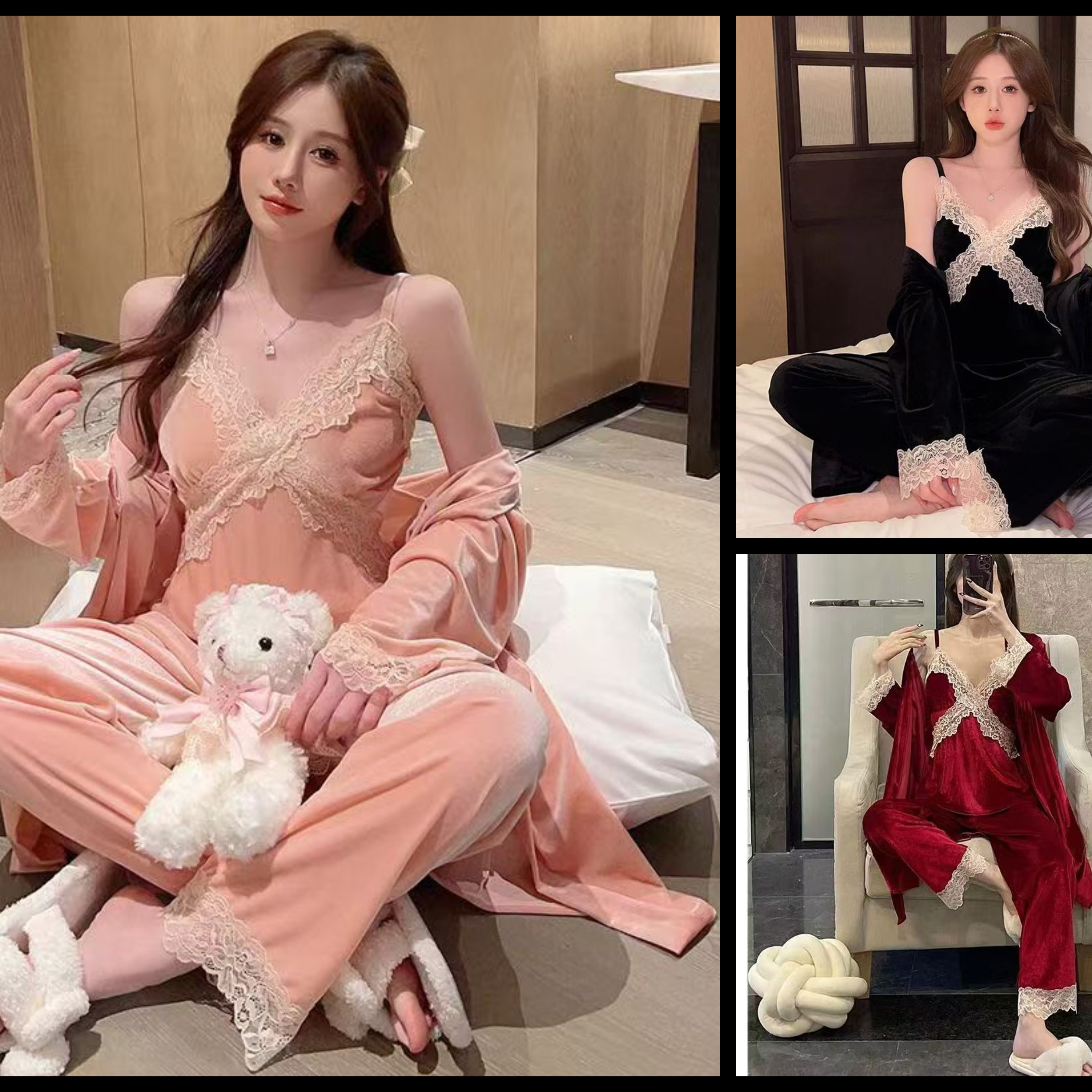 LL金丝绒睡衣女春秋冬性感吊带睡袍长裤三件套家居服87136