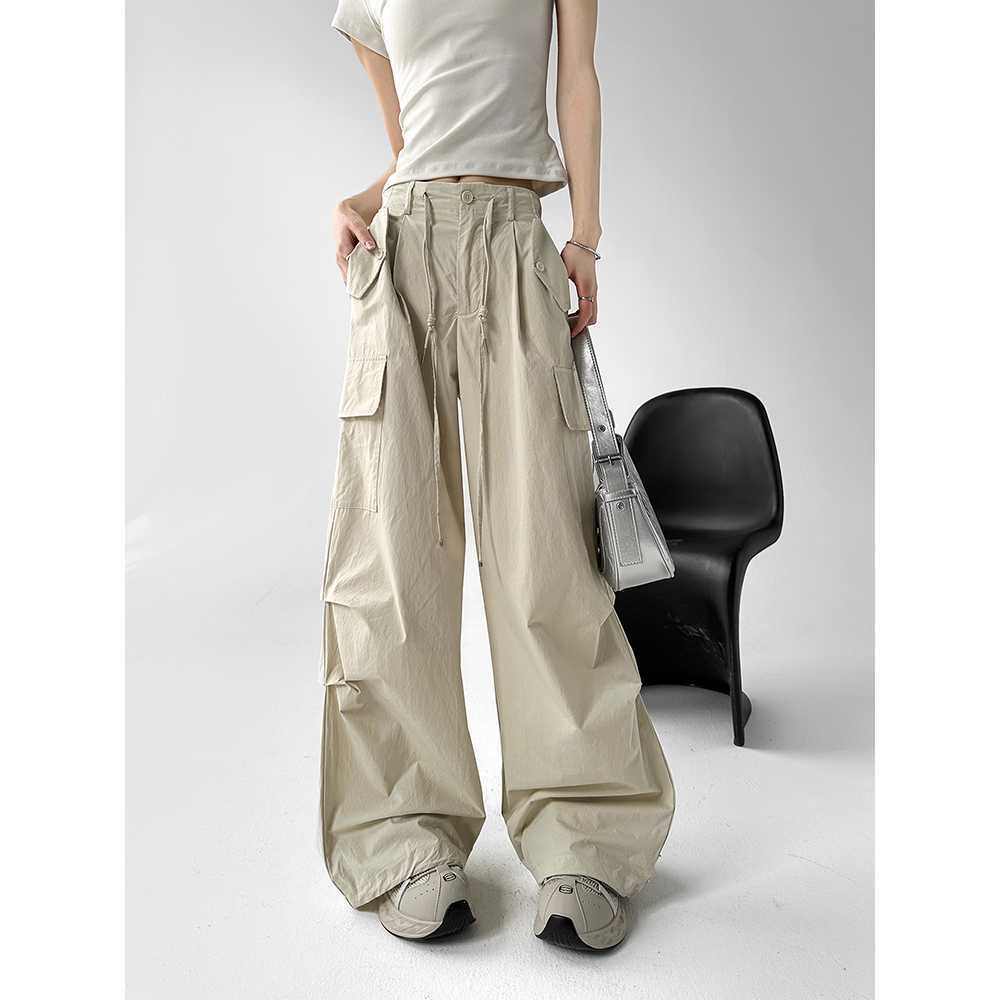 动感少女夏季薄款美式工装裤女2025新款宽松直筒休闲阔腿高街裤子