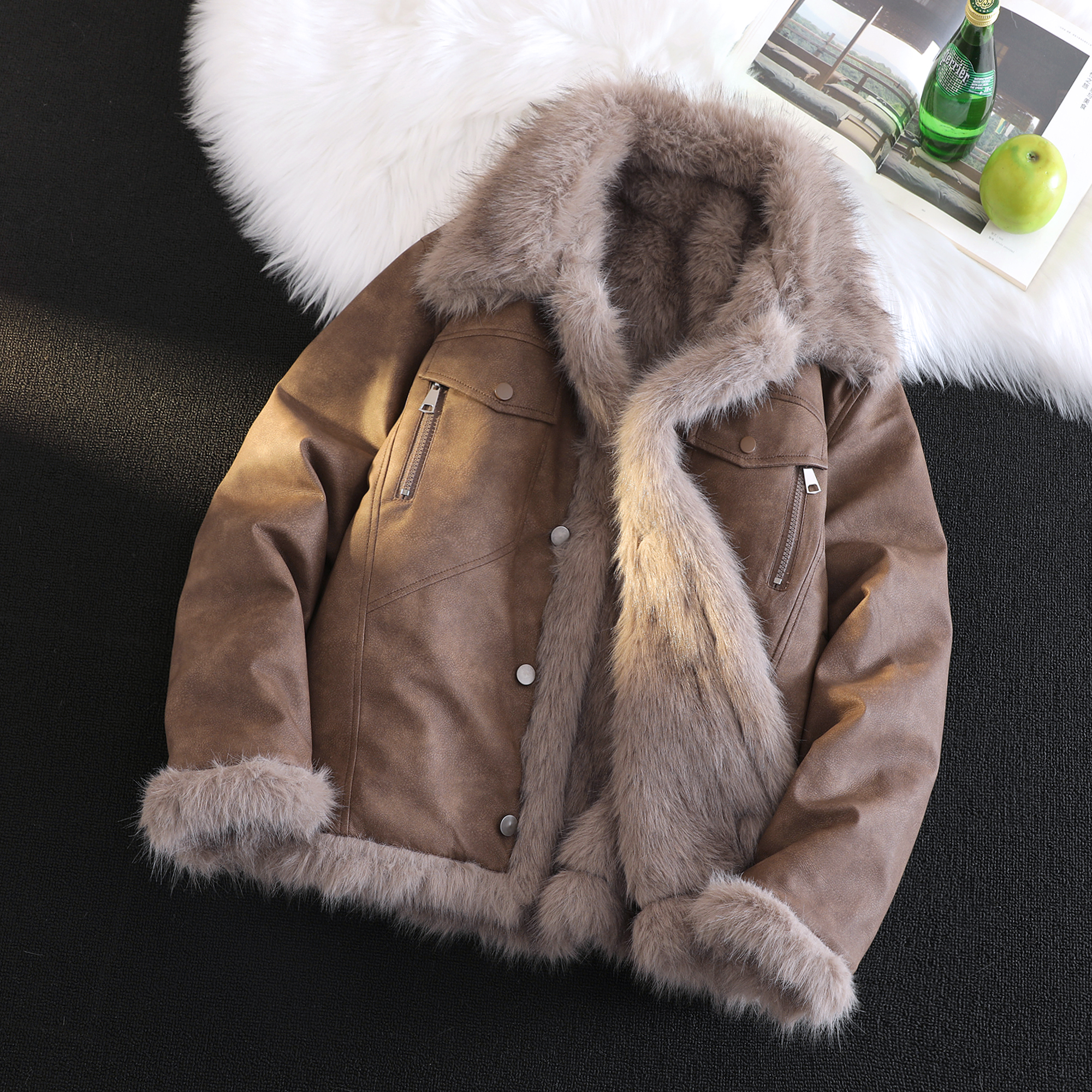 海宁2025新款两面穿冬季加绒加厚保暖外套男宽松男士夹克皮毛一体