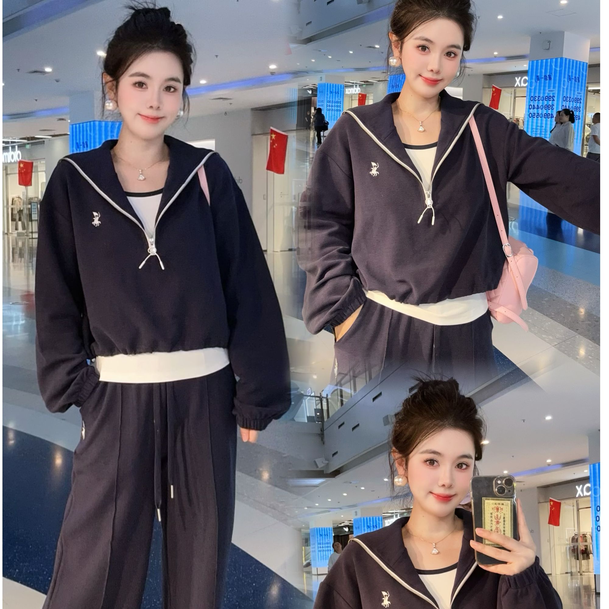 POLO GWON保罗秋季休闲海军领短款卫衣背心吊带阔腿裤三件套装女