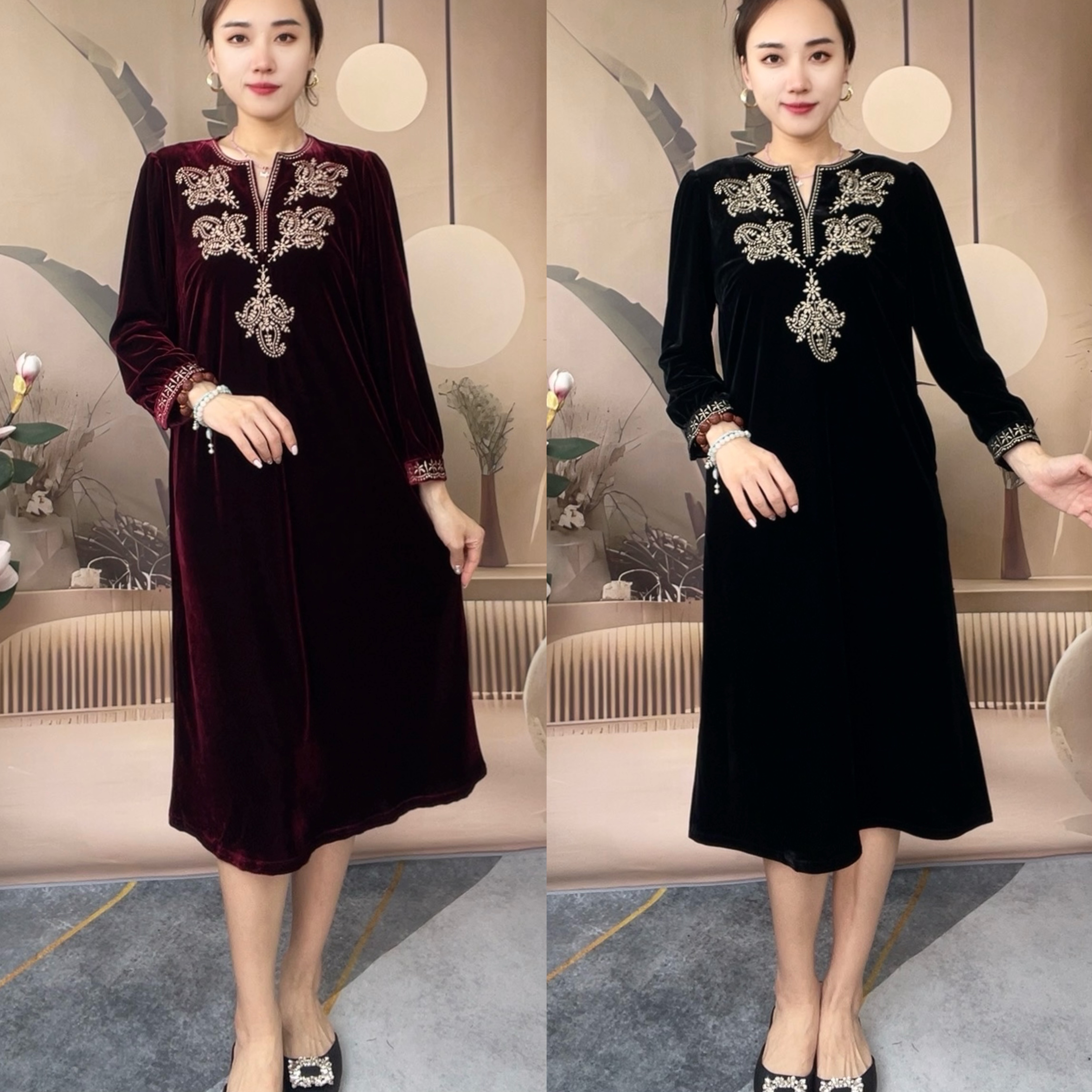 中长款常规法式刺绣中老年女装金丝绣花长袖宽松显瘦