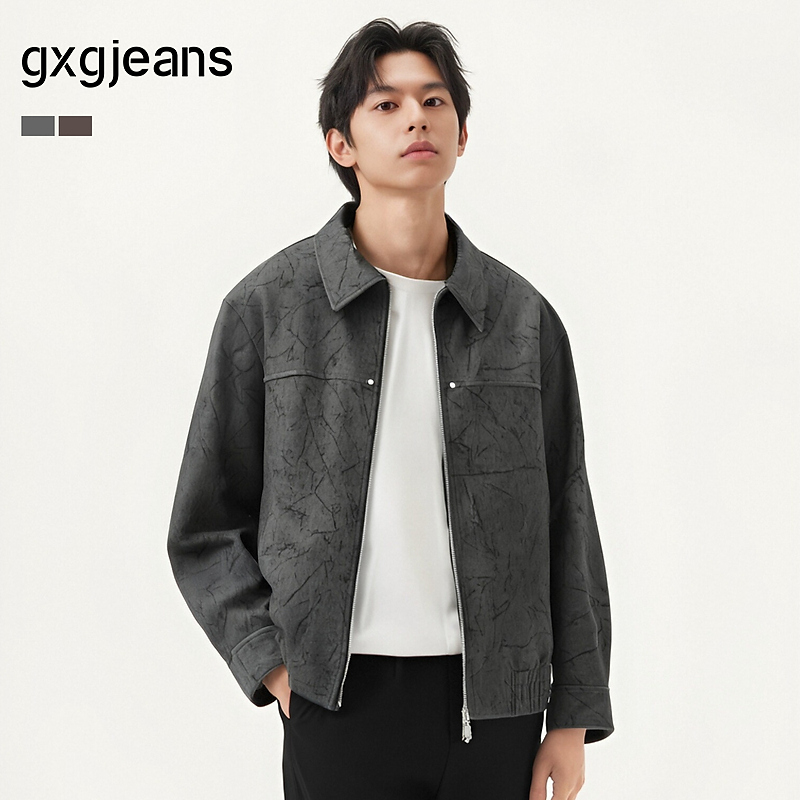 gxg.jeans男装  咖色满印潮流宽松翻领夹克外套男士 25年春新品