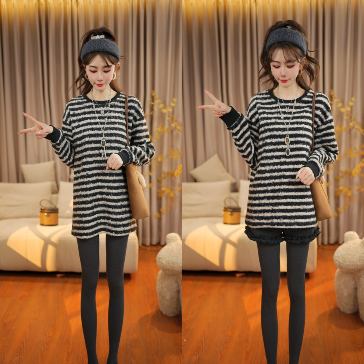 秋冬上新时尚宽松上衣韩系穿搭撞色条纹中长款长袖上衣