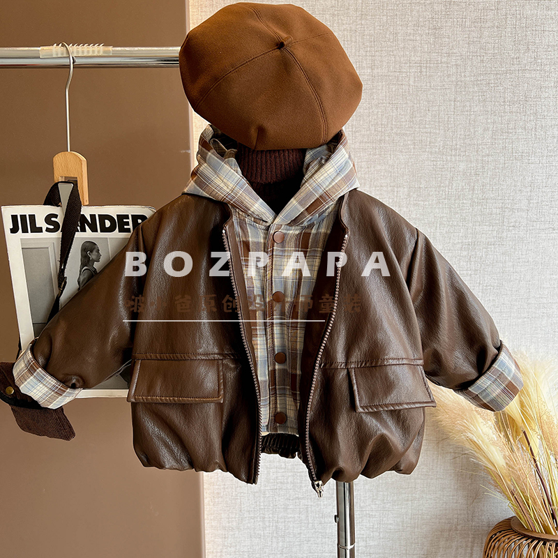 现货【机智少年】2025冬季新款男童宝休闲假两件格纹拼接加绒皮衣