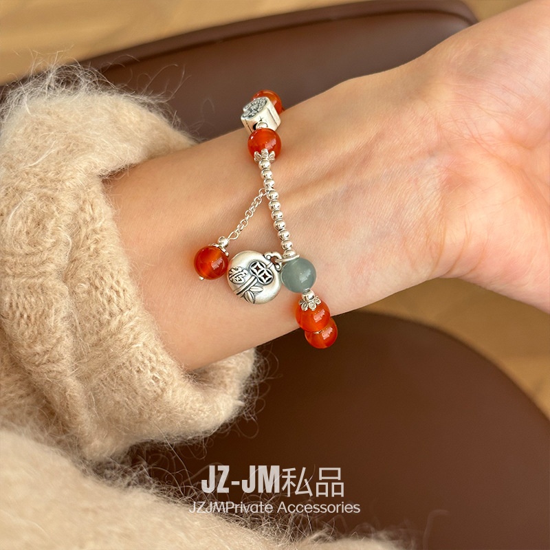 足银手链 【JZ-JM私品】平安锁福字红圆珠手链女长命锁手环