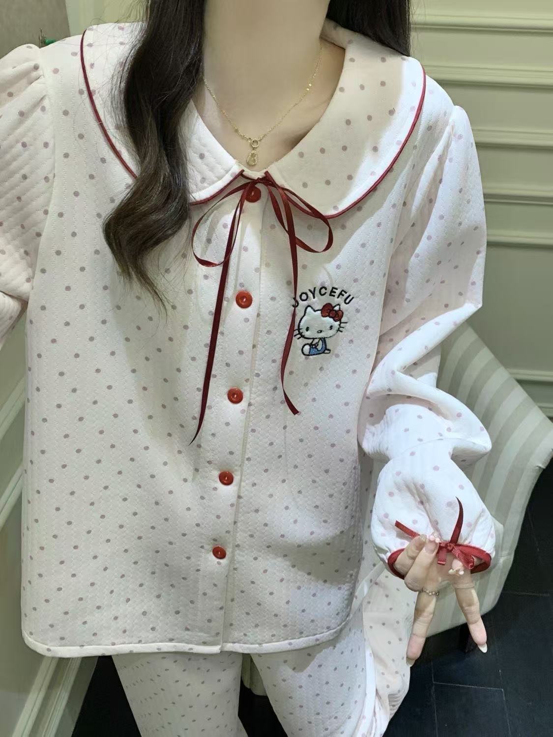 【波点kt】 睡衣女秋冬新款卡通猫夹棉保暖娃娃领可外穿家居服套装