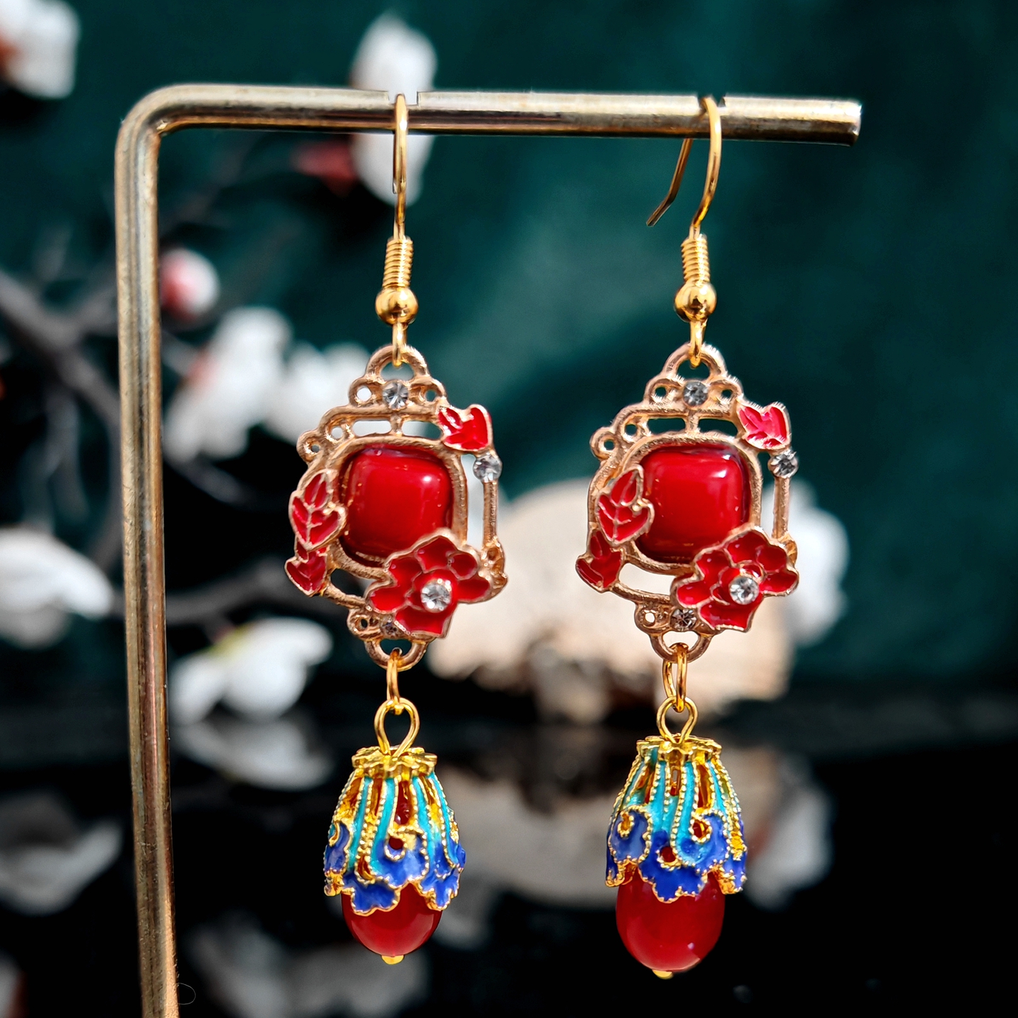 多吉米红棠吉灯新中式红棠灯笼国风吉庆新年红花耳环