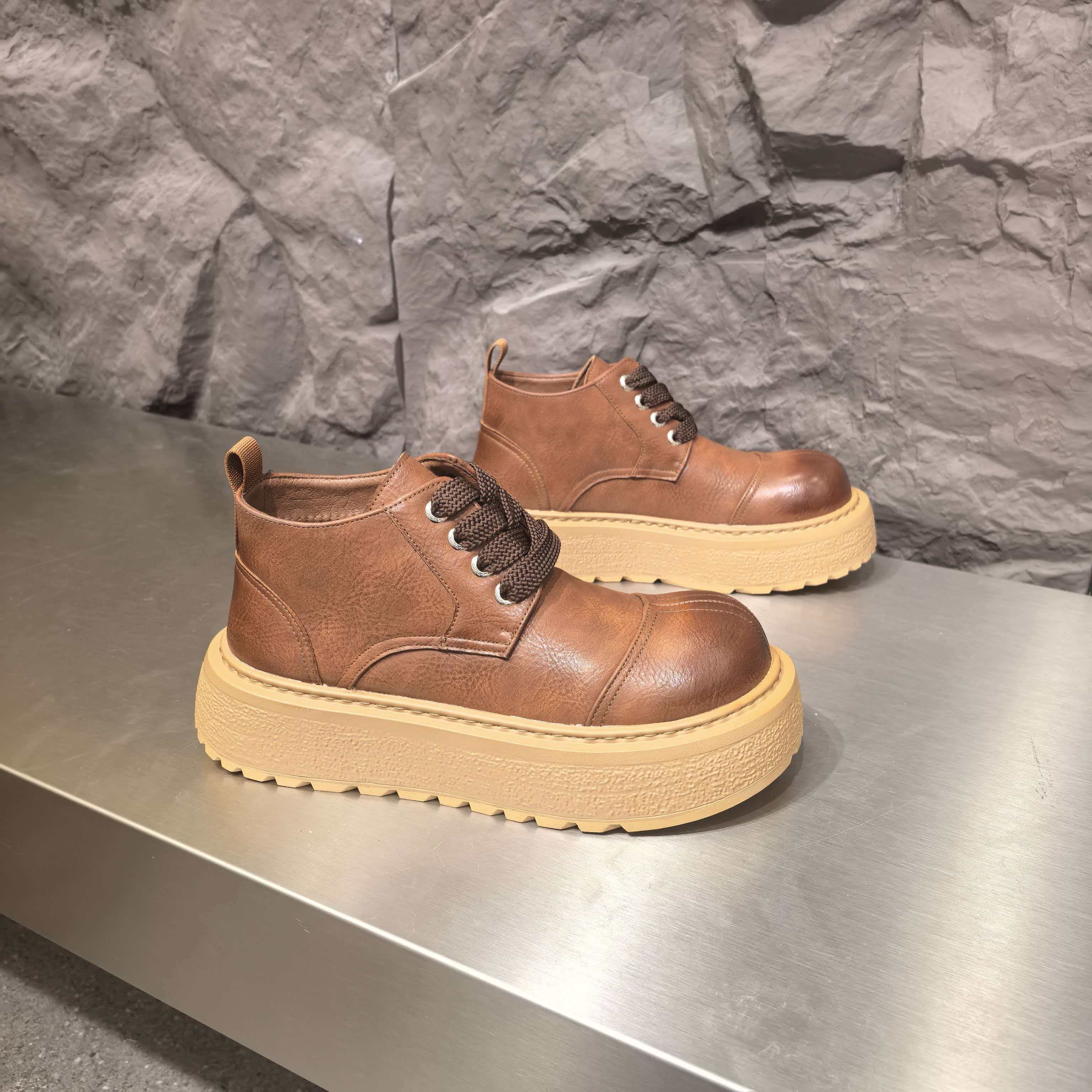 鞋子男士显瘦马丁靴皮面休闲鞋软底增高工装靴雪地靴【单棉同款】