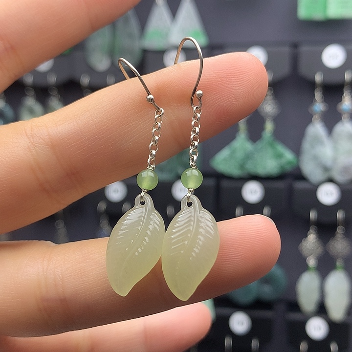 和田玉耳饰银S925镶嵌